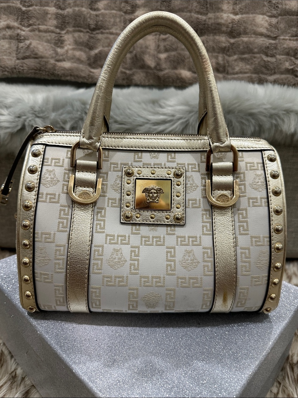 VERSACE Gold and Cream Logo Medusa & Greek key chain Satchel Handbag w/ lock-key
